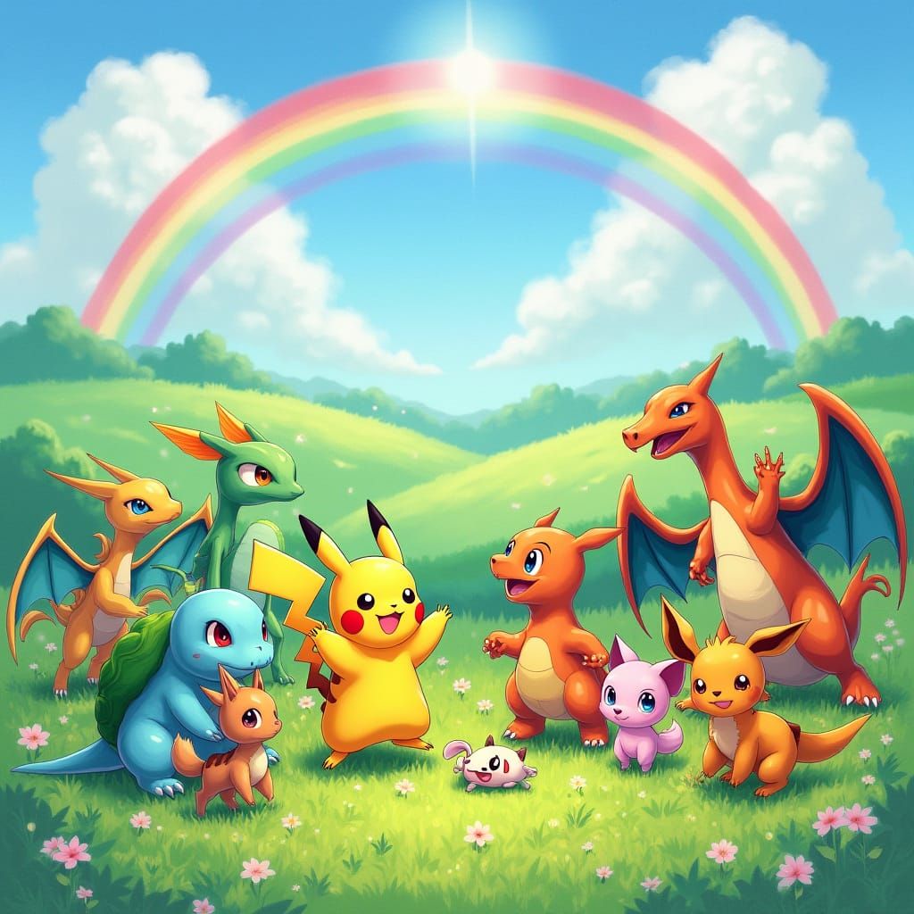 All Pokémon Together in Magical Landscape Painting