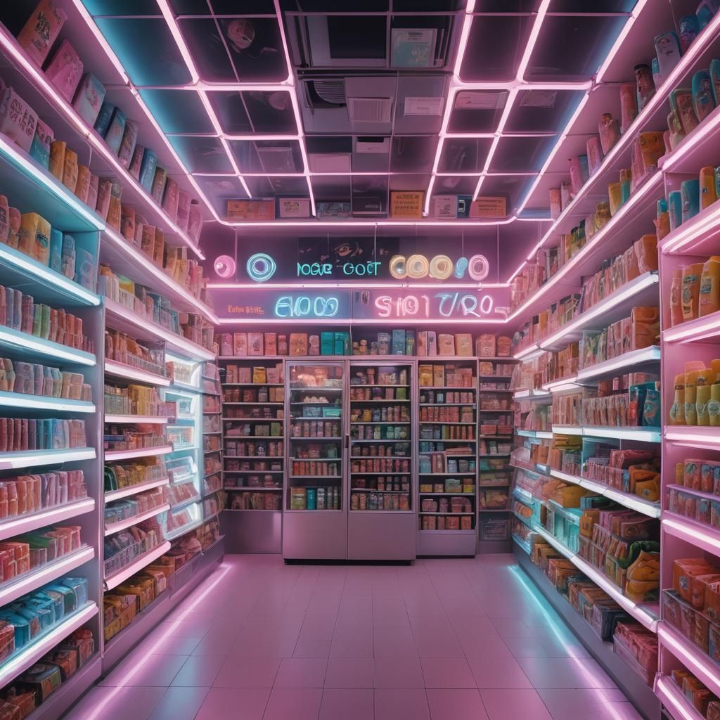Alien Convenience Store with Holographic Ads in Neon Surreal...