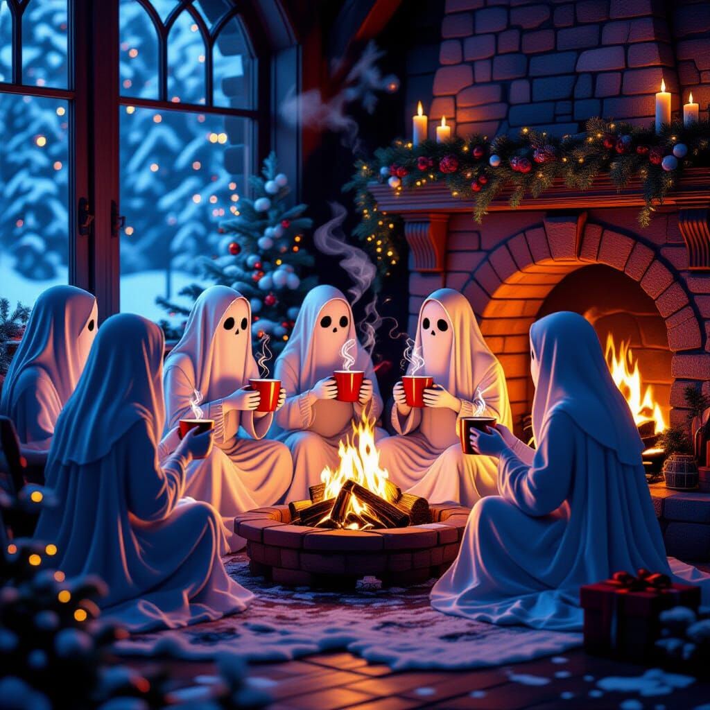 Ghosts Enjoying Christmas Hot Chocolate by Firelight