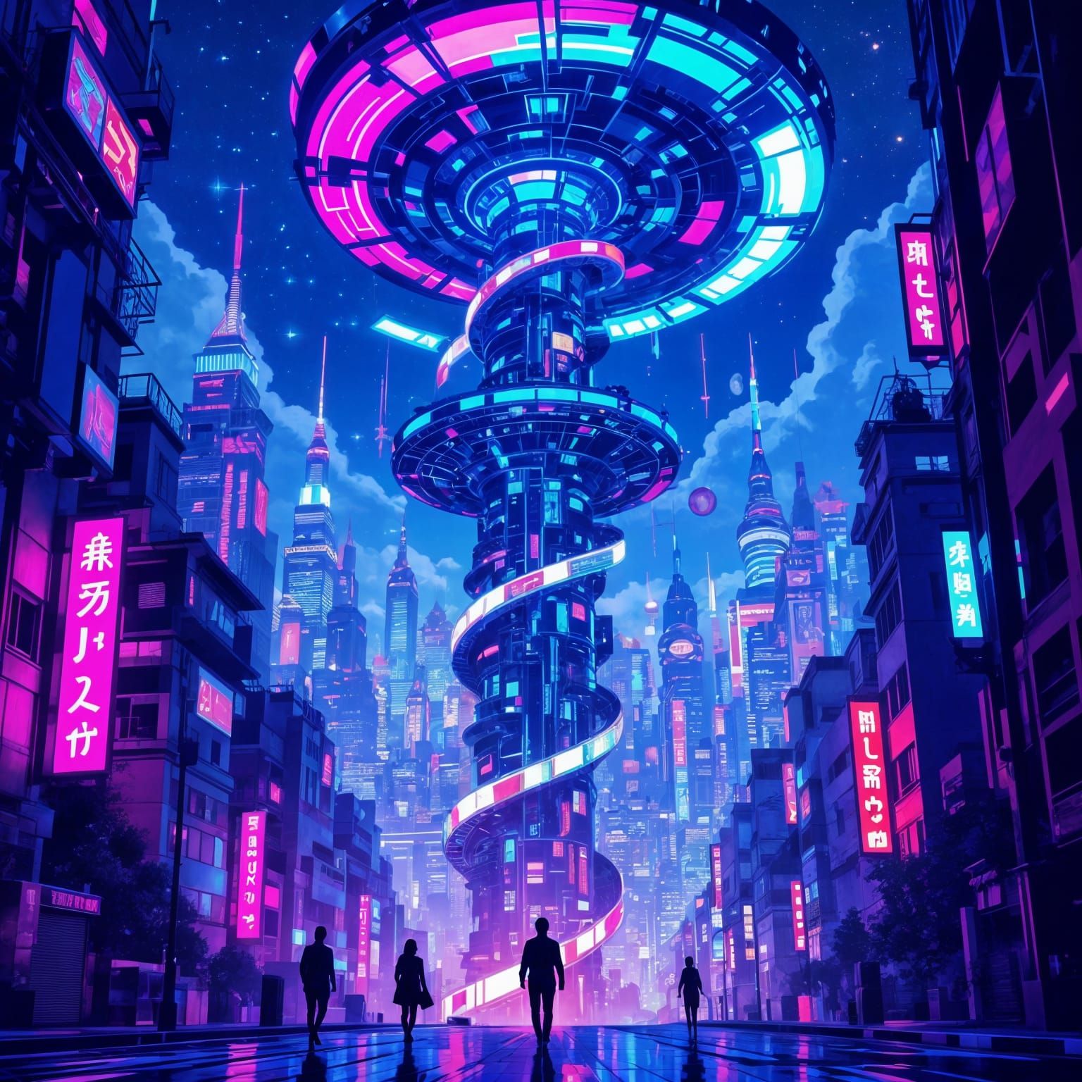 Radiant Sci-Fi Cyberpunk Tower in Studio Ghibli Style