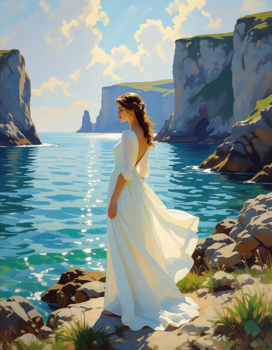 Serene Woman by Holm Sea in Romantic Style
