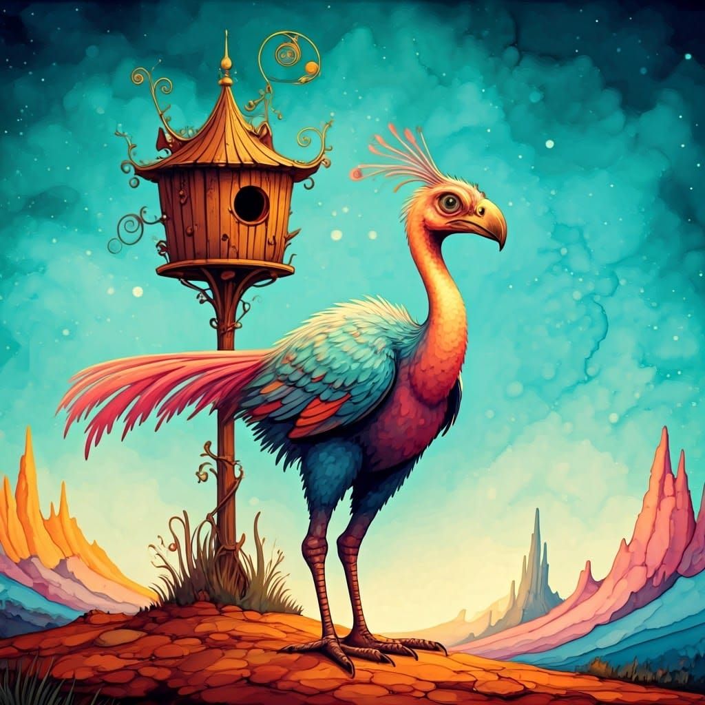 Whimsical Alien Bird on Mysterious Planet, Alcohol Ink Style