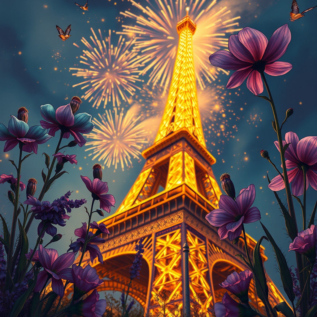 Eiffel Tower Fireworks Portrait in Digital Matte Painting St...