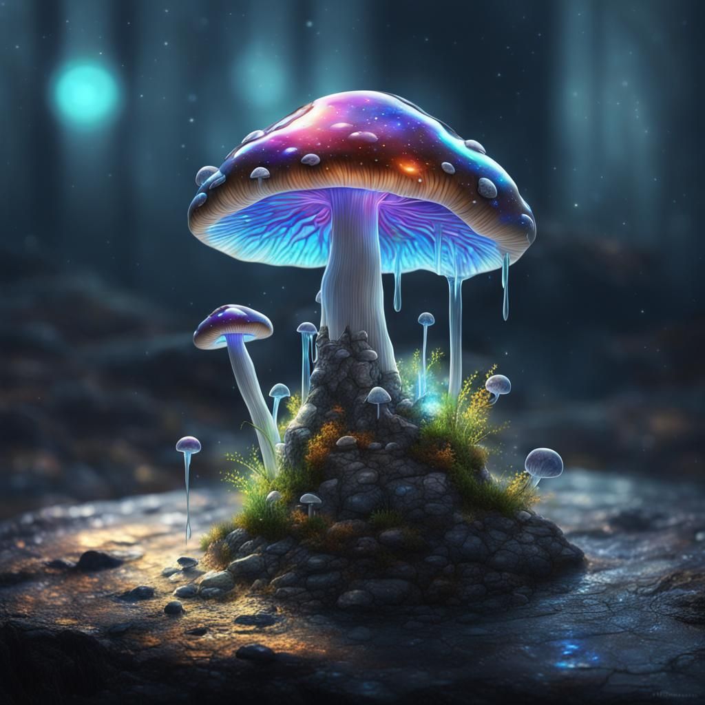 Holographic Stone Mushroom with Light and Oil