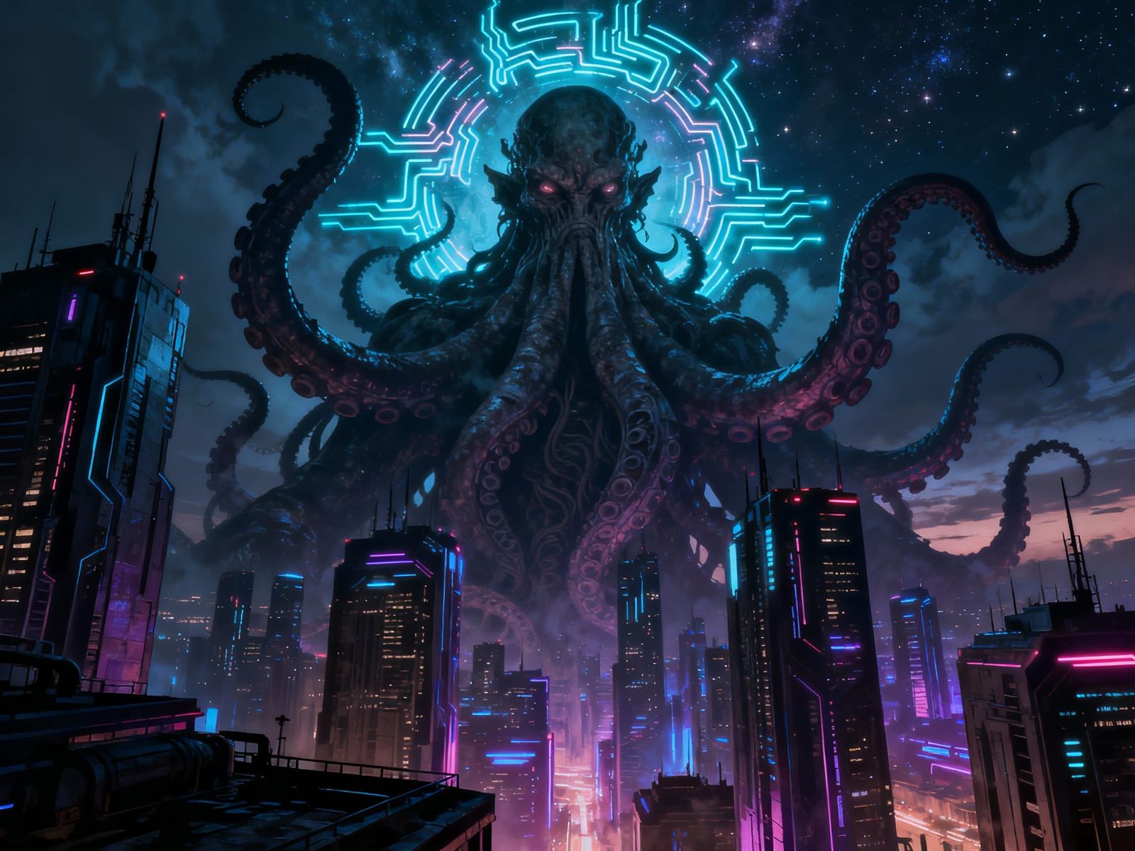 Cosmic Deity Over Neon City: Digital Matte Painting