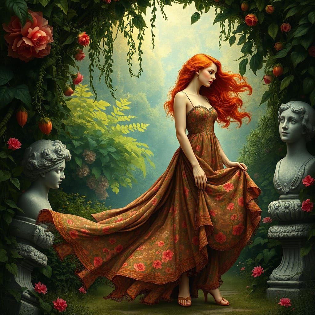 Enigmatic Woman in Overgrown Garden, Pre-Raphaelite Style