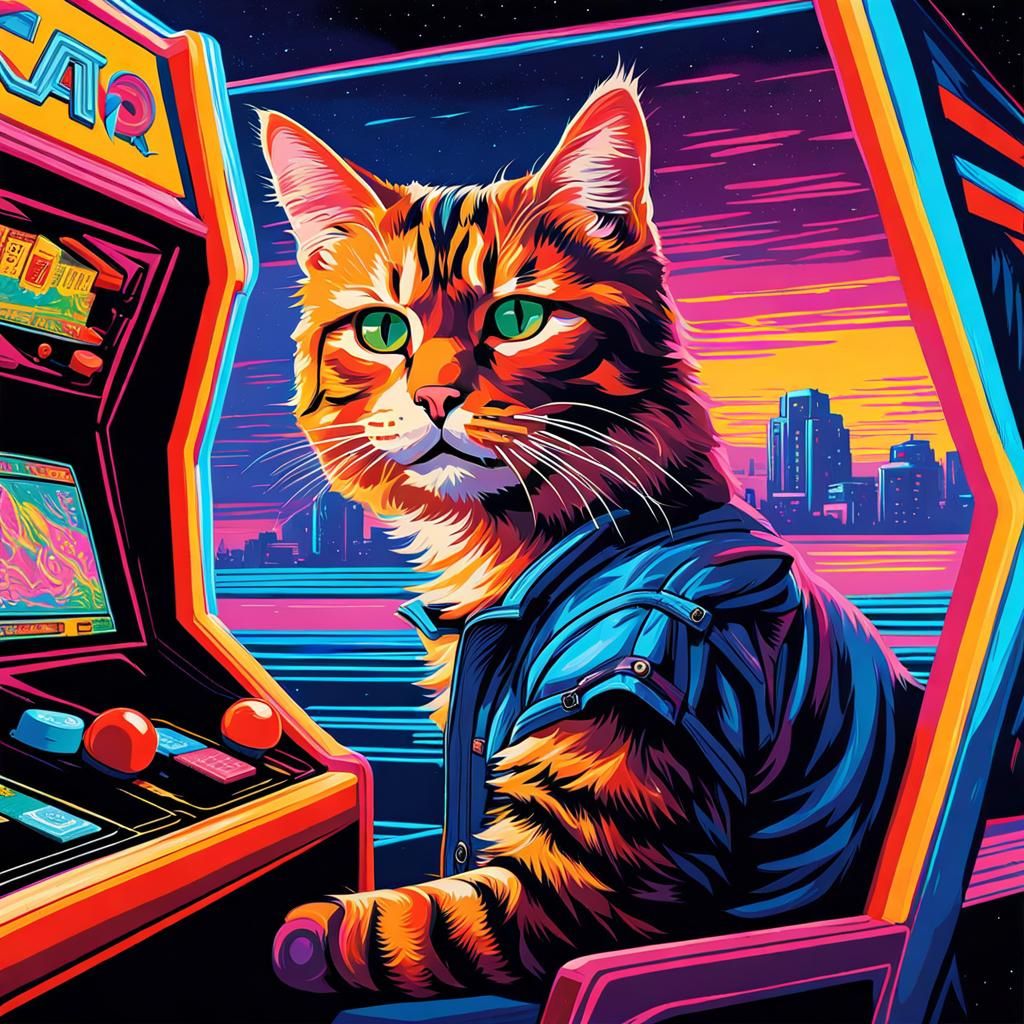 Cat in 1980s Arcade: Impasto Blacklight Painting