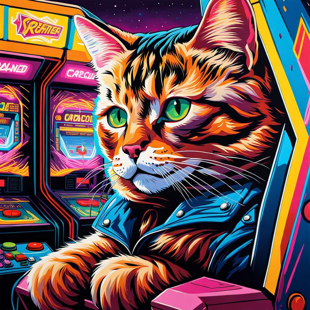 Cat in 1980s Arcade as Impasto Painting