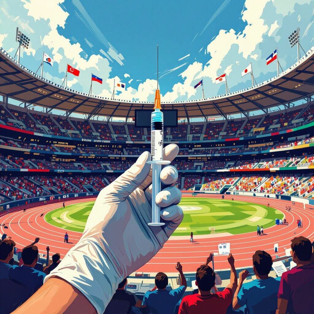 Syringe in Hand Against Olympic Stadium Backdrop