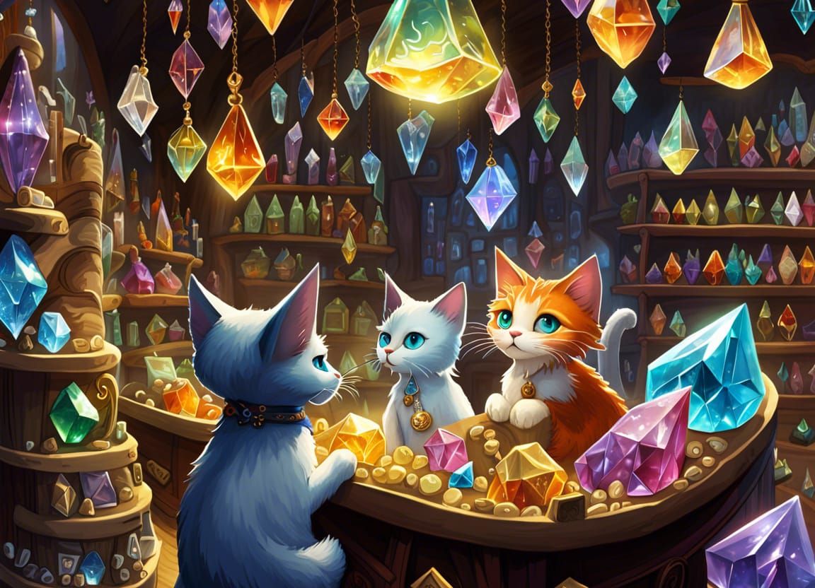 Cartoon Cat Mages in Mystical Crystal Shop