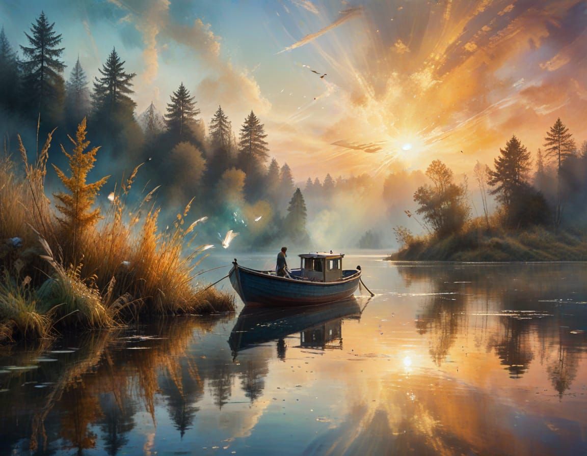 Serene Lake Scene in Whimsical Watercolour Style