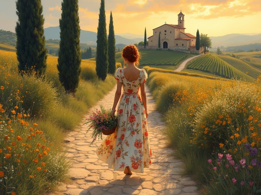 Romantic Tuscan Countryside Scene under Golden Sunset