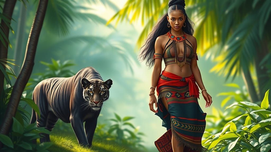 Tribal Woman in Jungle with Panther and Tiger