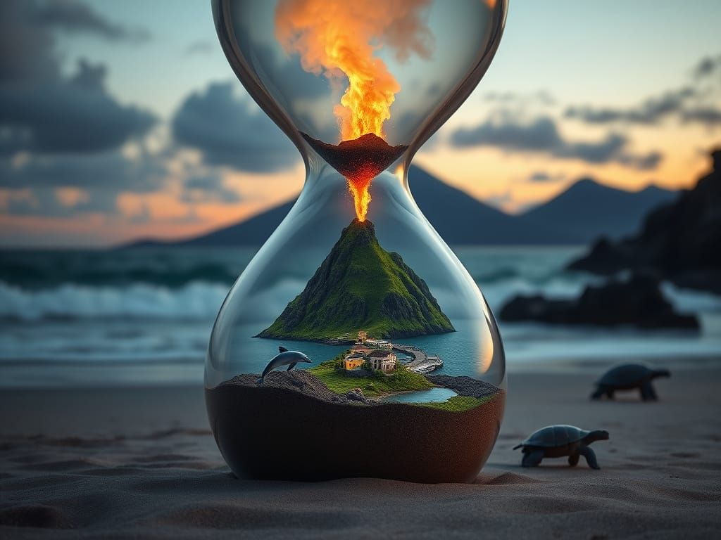 Luminous Hourglass on Sandy Shore, Erupting Volcano, and Maj...