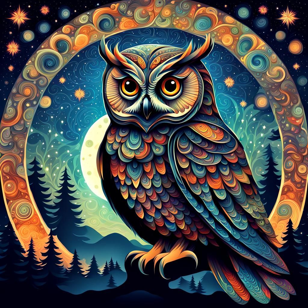Stylized Fractal Owl Against Starry Night Sky