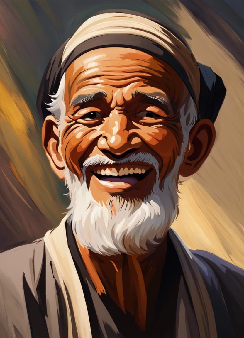 Joyful Muslim Man Saying Alhamdulillah: Anime Oil Painting