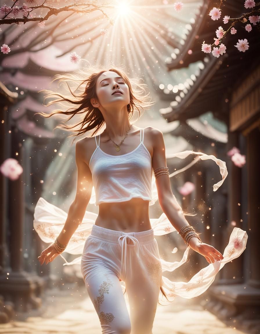 Ethereal Woman Catching Sakura in Painterly Style