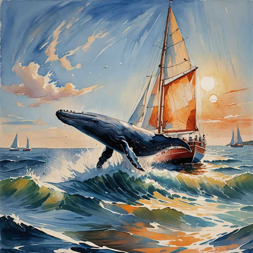 Whale Leaping: Gouache Impressionist Painting with Sailboat