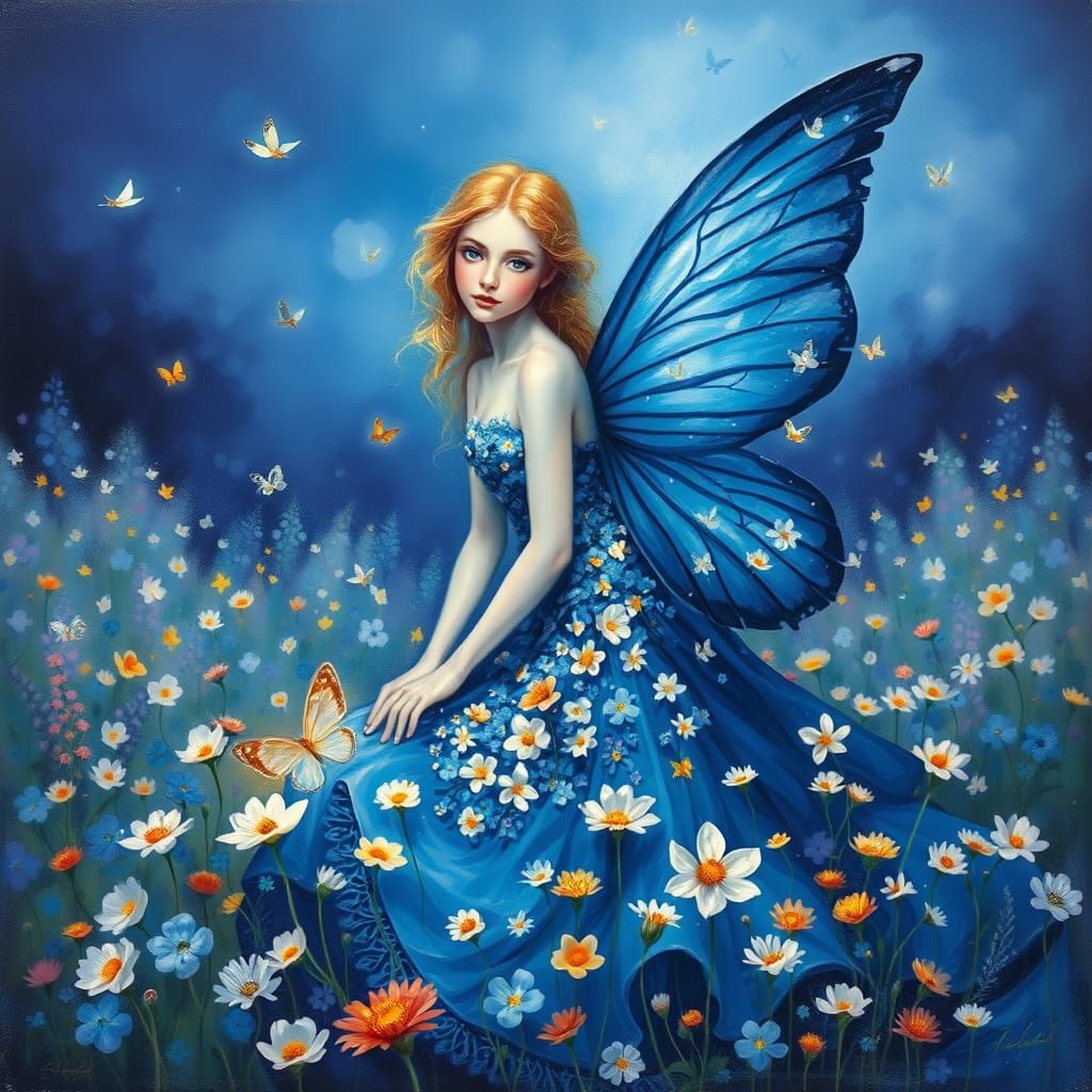 Dreamlike Fairy in Wildflower Meadow at Twilight