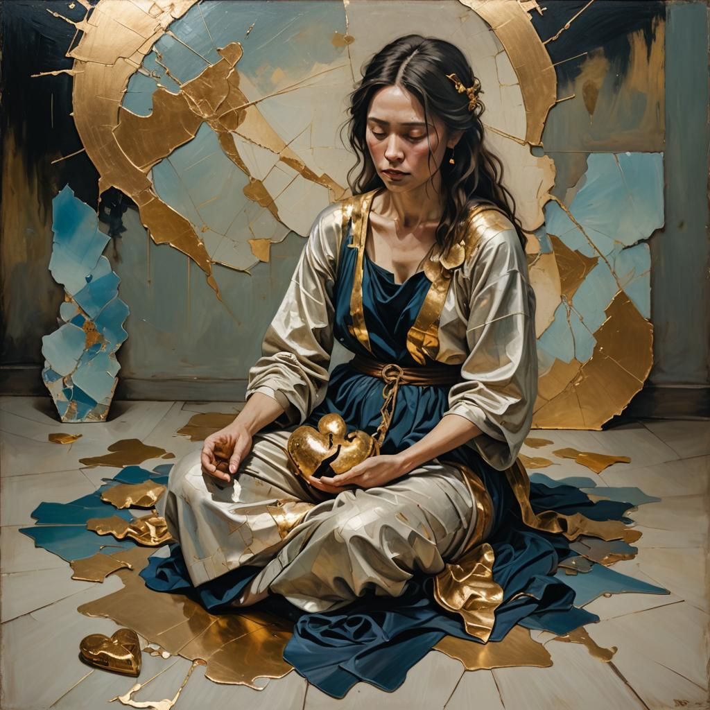 Kintsugi Woman with Fractured Heart: Ethereal Oil Painting
