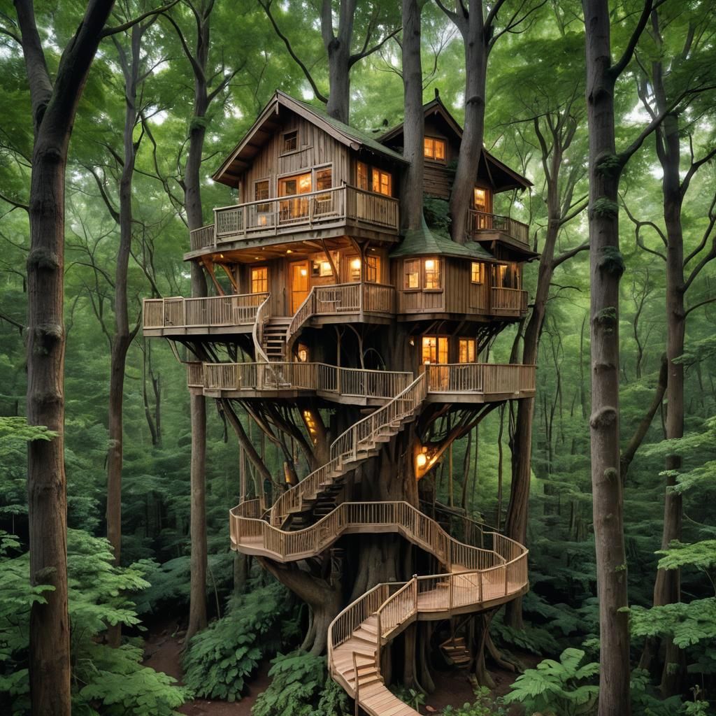 Picturesque Treehouse at Night in Dense Forest