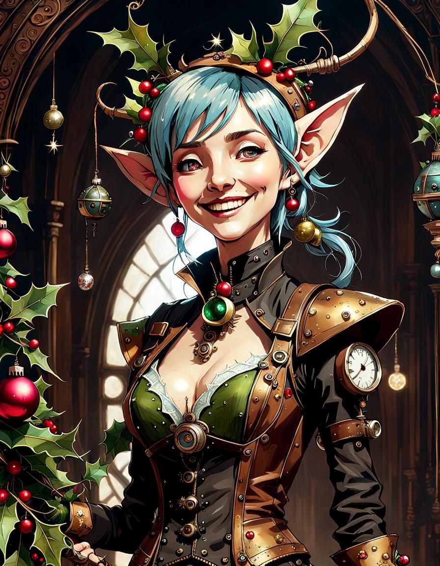 Jolly Steampunk Elf with Christmas Ornaments