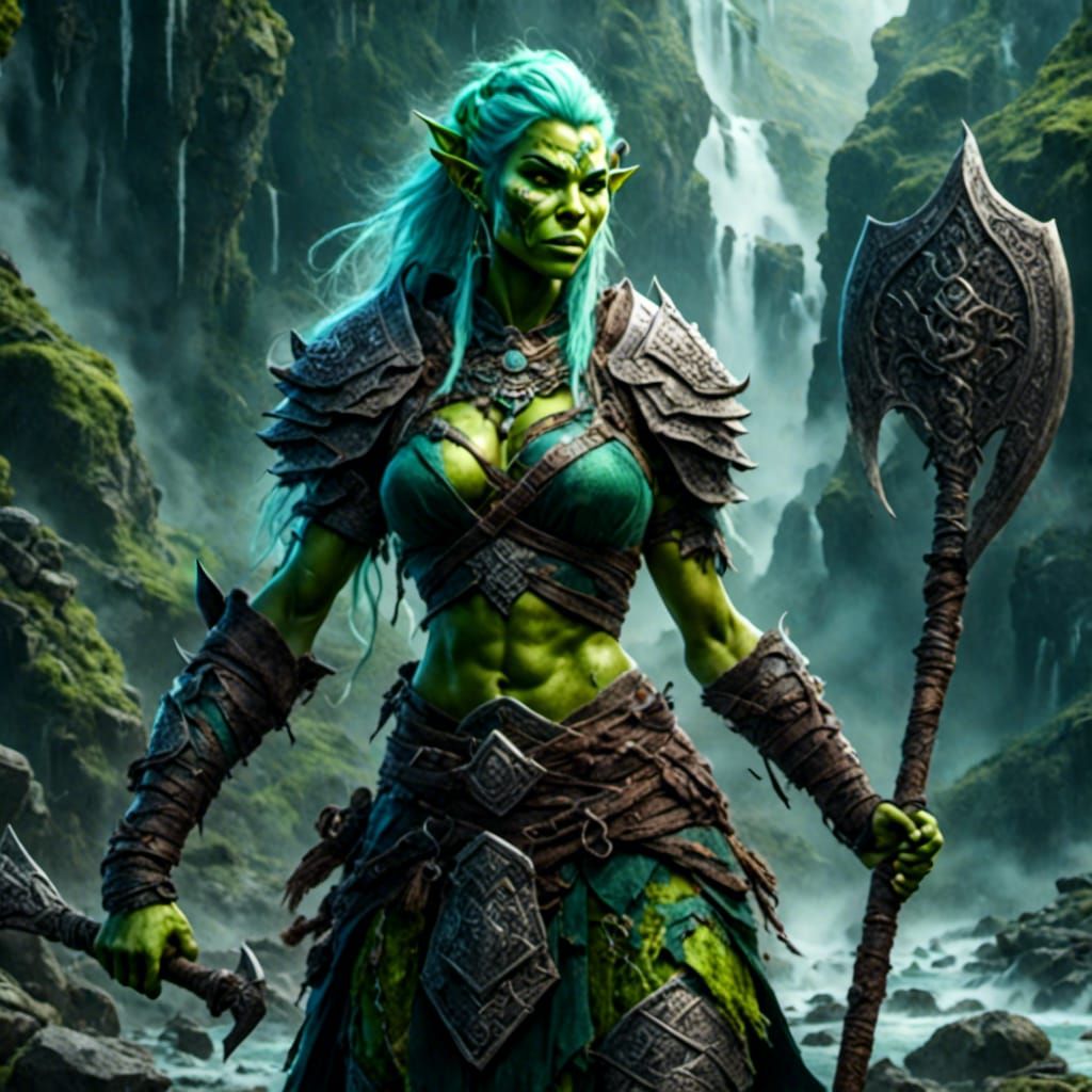 Green-Skinned Female Half-Orc Warrior: Fantasy Art