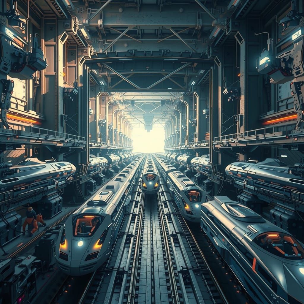 Massive Futuristic Train Network in a High-Tech Hanger