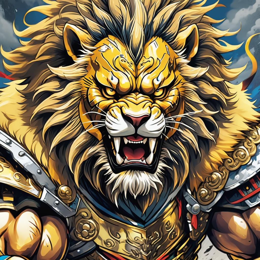 Heroic Lion in Manga Style Armor