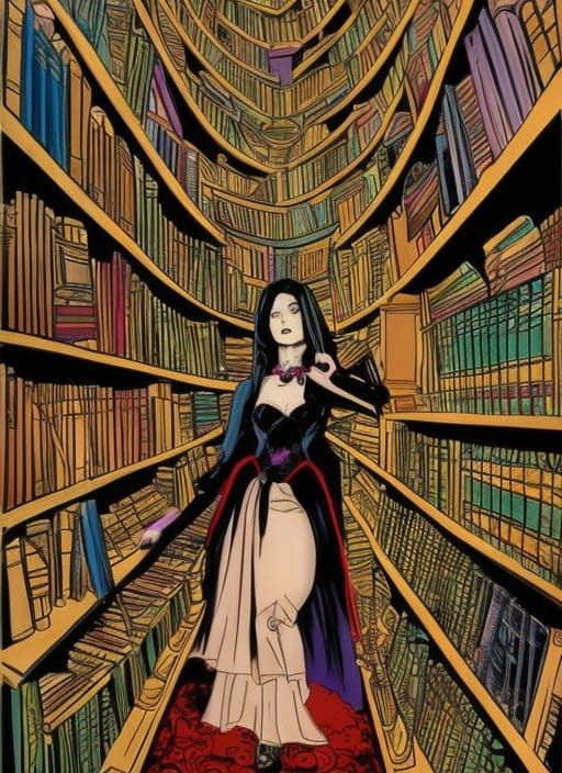 Gothic Vampire Librarian in Elaborate Library