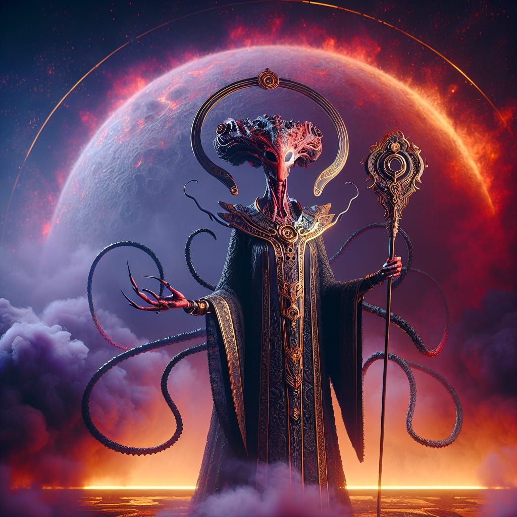 Alien Priestess in Ethereal Landscape, Art Nouveau Style