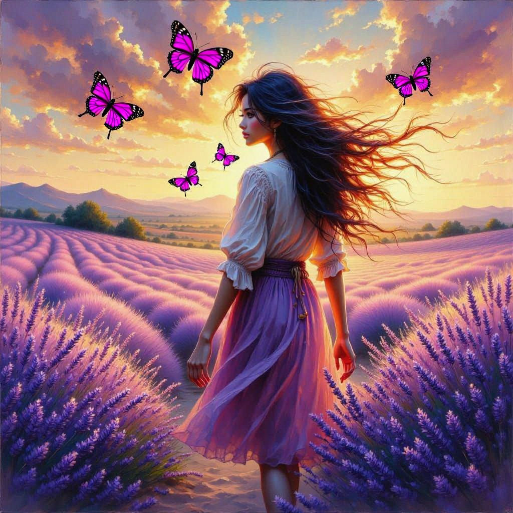 Woman in Lavender Field at Sunrise Fall Day