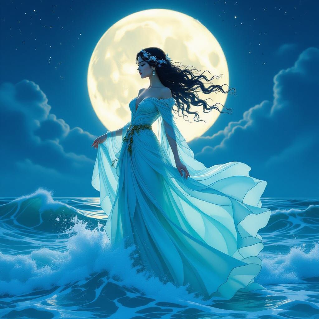 Siren Rising from Waves Under Moon, Digital Art