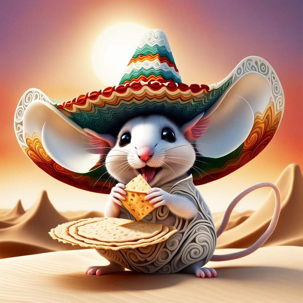 Cute Mouse with Sombrero Eating Tortilla