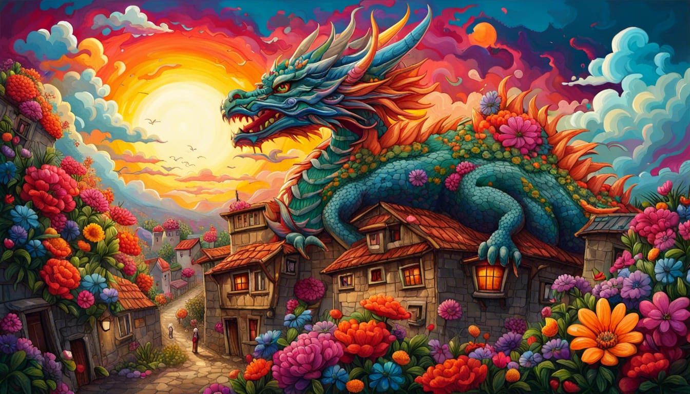 Flower Dragon Soaring at Sunset: Graffiti Art