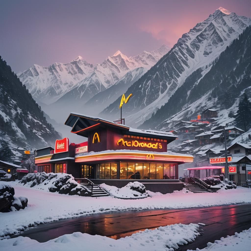 McDonald's Restaurant in Neon Retrofuturistic Himalayas