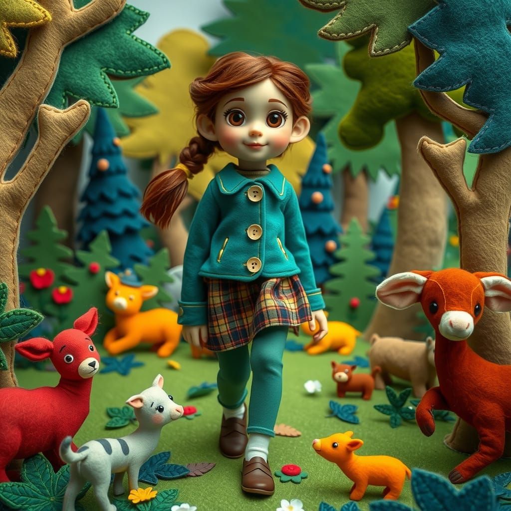 Felt Woman Walks Through Vibrant Felt Forest