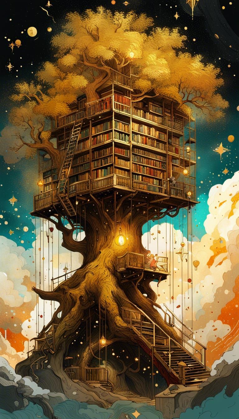 Library Inside Tree with Gold Astronomy Signs