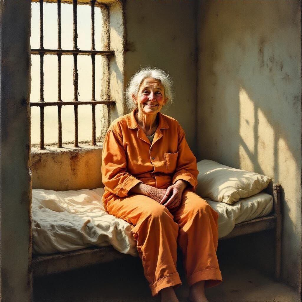 Contented Old Woman in Prison Cell: Warm Sunlight
