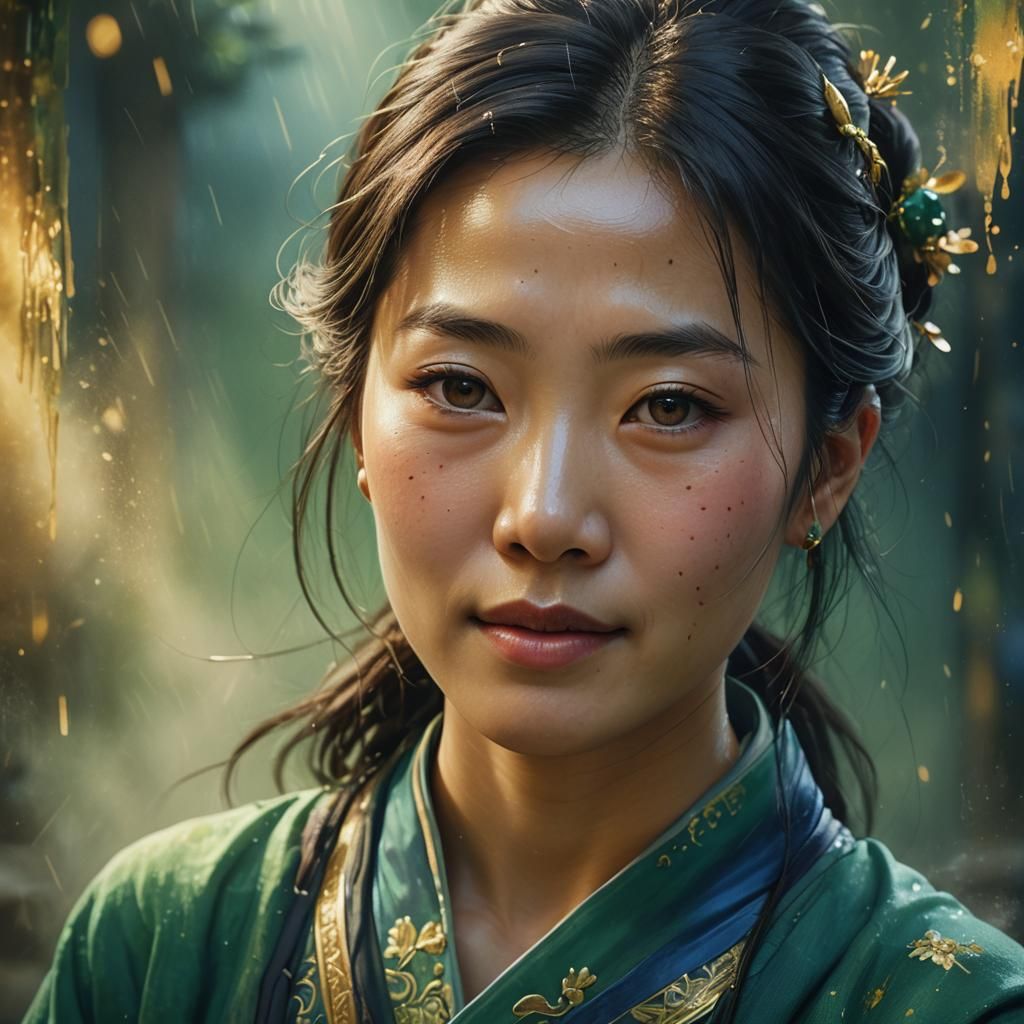 Chinese Woman Portrait in Hyper-Realistic Splash Art