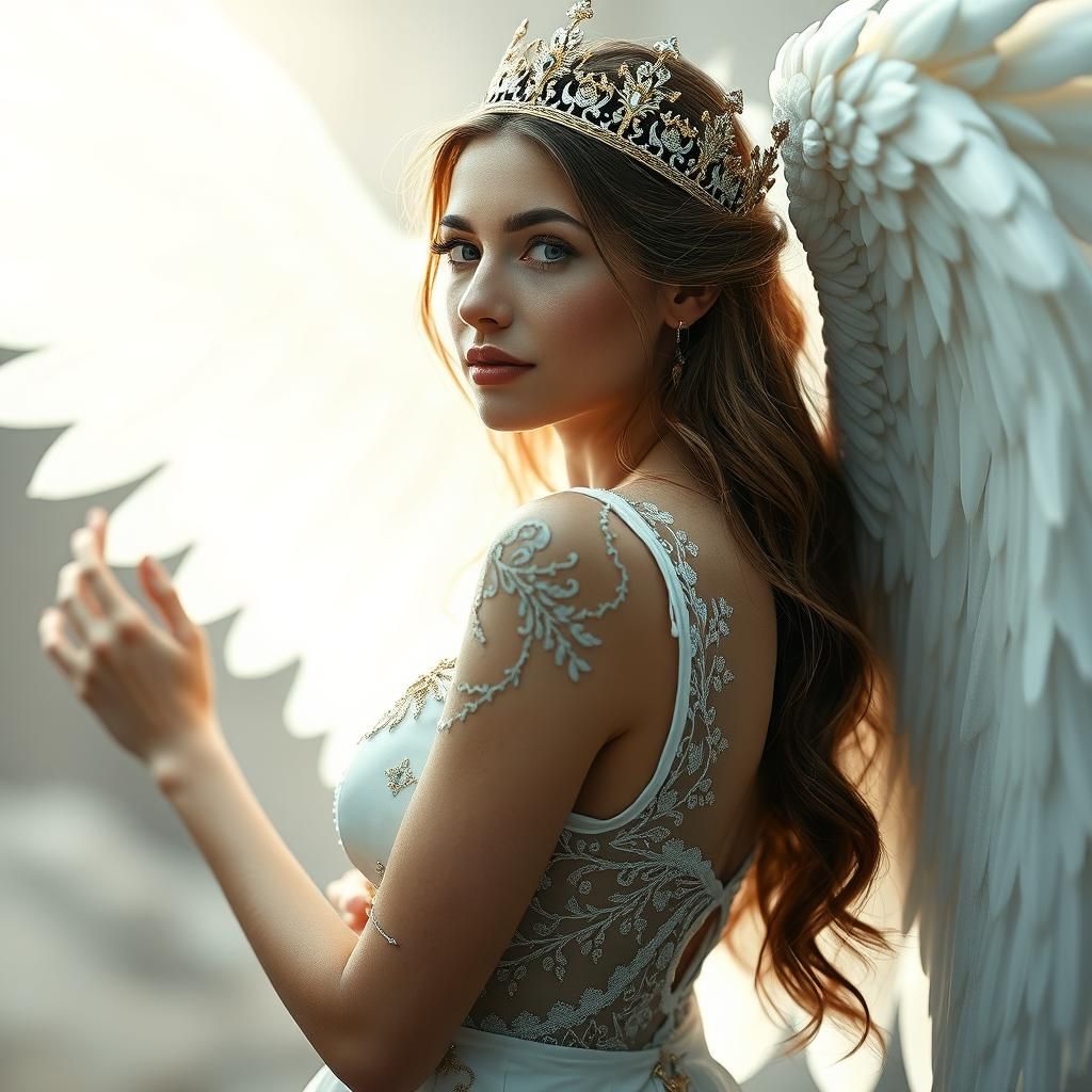 Ethereal Woman with Angel Wing in High Fashion Style
