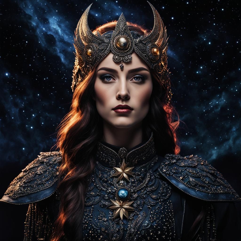 Hyperrealistic Portrait of Nyx in a Starlit Night