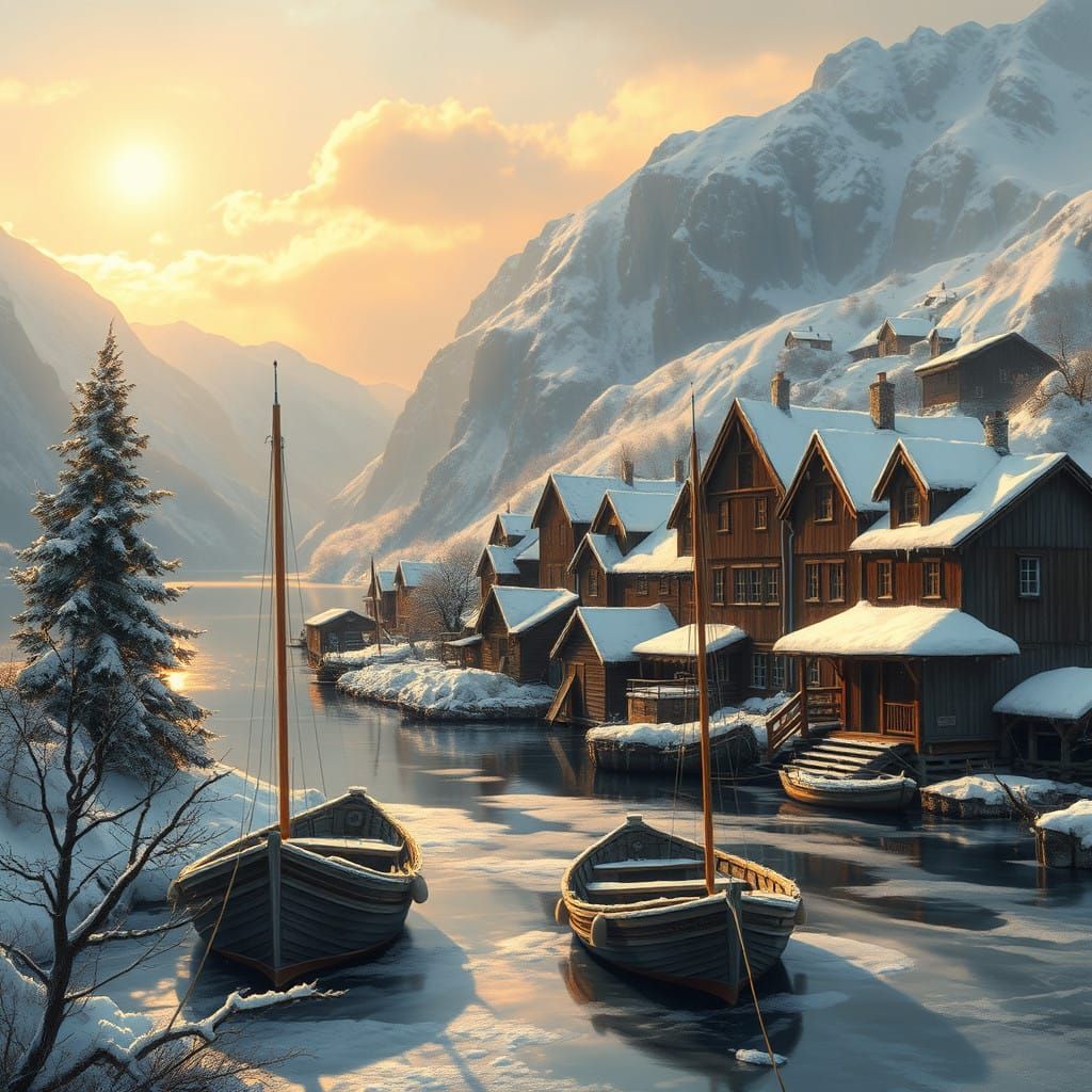 Winter Serenity in a Norwegian Fjord Harbor
