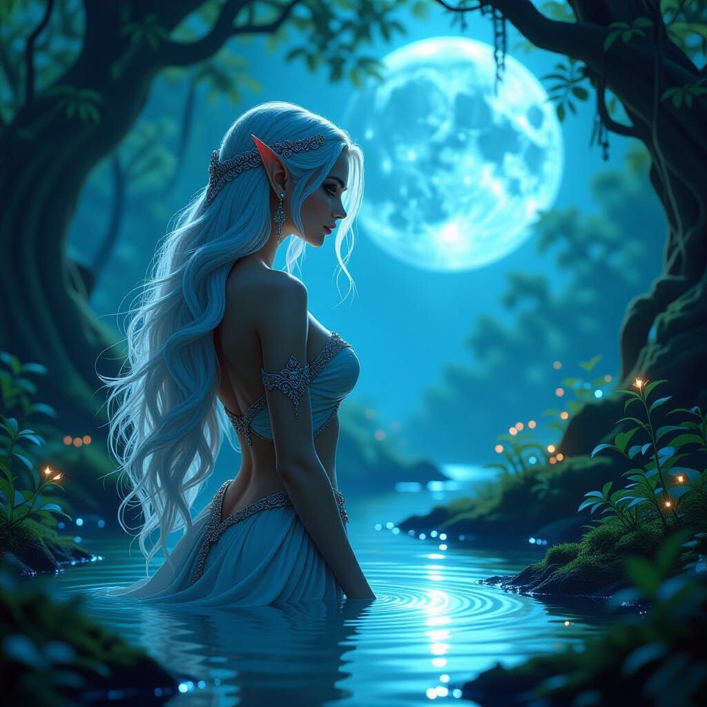 Ancient Elf in Moonlit Grove with Bioluminescent Flora