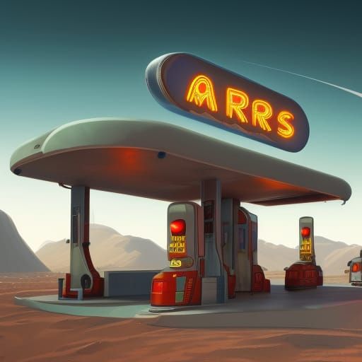 Retro Gas Station on Mars in Detailed Matte Painting