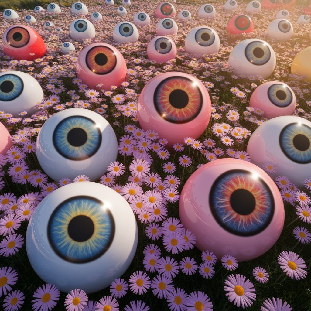 Human Eyes Bloom in a Multicolored Daisy Field