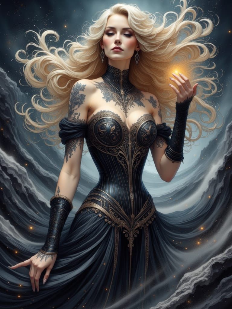 Viking Goddess with Glowing Rune Tattoos in Stormy Weather