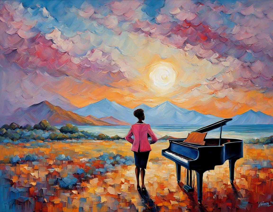 African Woman in Pink Blazer Plays Piano Amidst Mountain and...