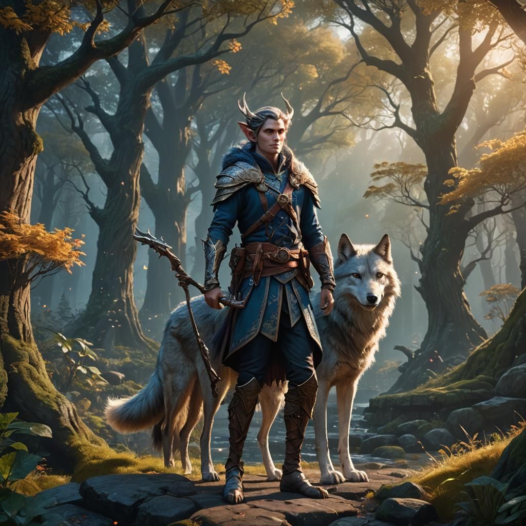 Mythical Elf and Magical Wolf Fantasy Art