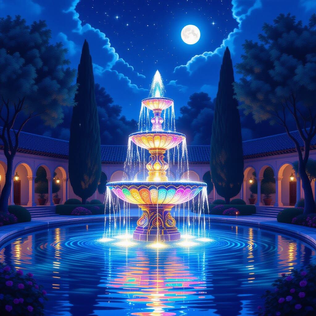 Iridescent Fountain in Moonlit Courtyard, Digital Art